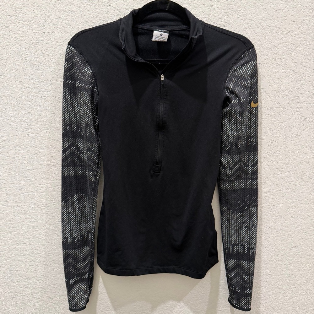 Nike Pro Dri-FIT Womens XS Quarter Zip Pullover Black Patterned Sleeve Thumbhole